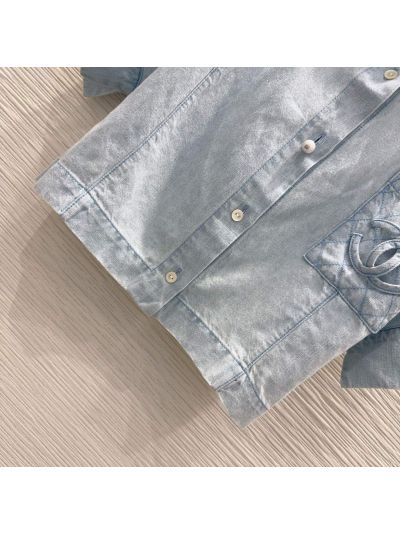 Chanel Denim Button-Front Top in Light Blue