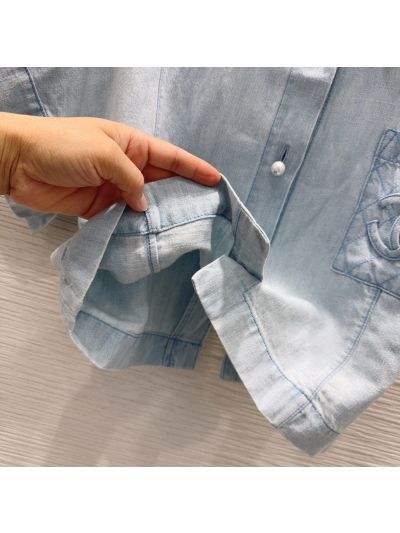 Chanel Denim Button-Front Top in Light Blue