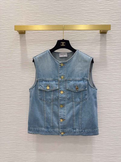 Chanel Denim Contrast-Trim Coat in Light Blue