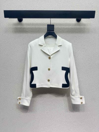 Chanel Double-Breasted Contrast-Trim Blazer in White and Navy