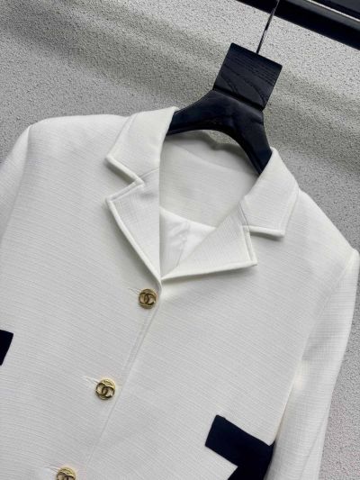 Chanel Double-Breasted Contrast-Trim Blazer in White and Navy
