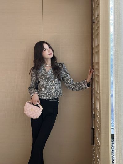 Chanel Double-Breasted Monogram Jacket in White