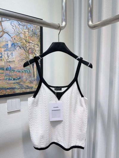 Chanel Embroidered Contrast-Trim Top in White