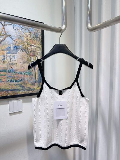 Chanel Embroidered Contrast-Trim Top in White