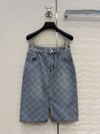 Chanel Embroidered Denim Skirt in Light Blue