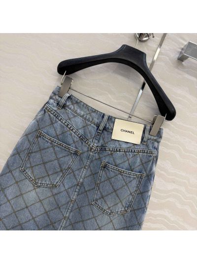 Chanel Embroidered Denim Skirt in Light Blue