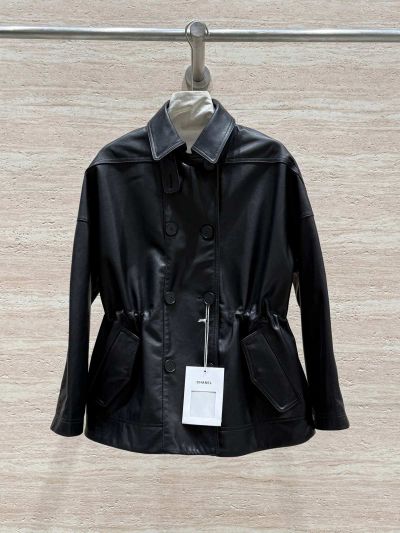 Chanel Leather Double-Breasted Coat in Black