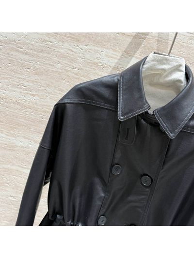 Chanel Leather Double-Breasted Coat in Black