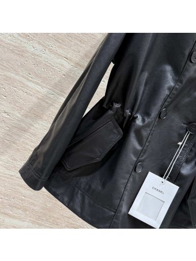 Chanel Leather Double-Breasted Coat in Black