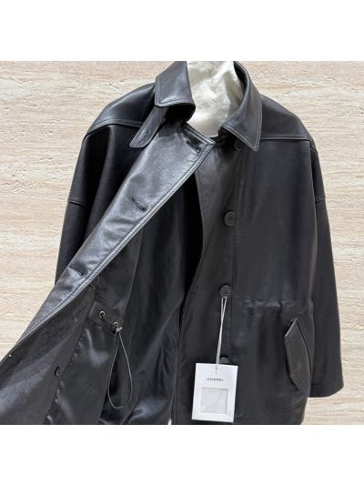 Chanel Leather Double-Breasted Coat in Black