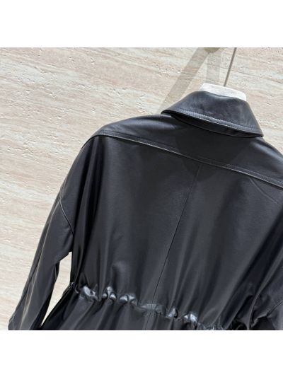 Chanel Leather Double-Breasted Coat in Black