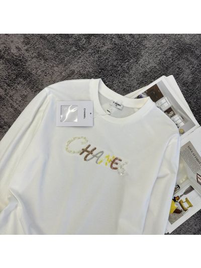Chanel Long Sleeve Beaded T-Shirt in White