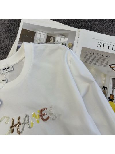 Chanel Long Sleeve Beaded T-Shirt in White