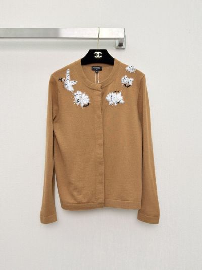Chanel Long Sleeve Embroidered Cardigan in Beige and Brown
