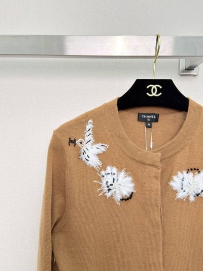Chanel Long Sleeve Embroidered Cardigan in Beige and Brown
