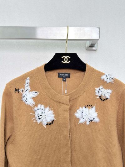 Chanel Long Sleeve Embroidered Cardigan in Beige and Brown