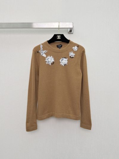 Chanel Long Sleeve Embroidered Cardigan in Beige