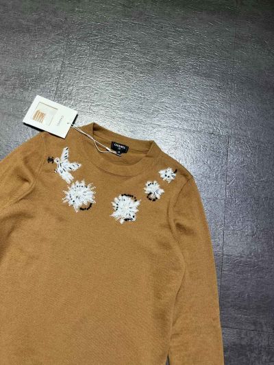 Chanel Long Sleeve Embroidered Knit Top in Brown