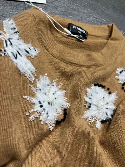Chanel Long Sleeve Embroidered Knit Top in Brown
