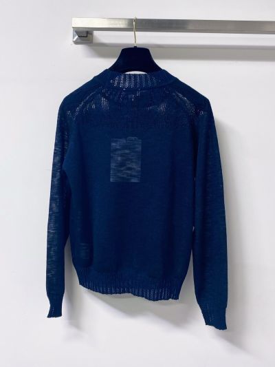 Chanel Long Sleeve Openwork Knit Top in Navy and White