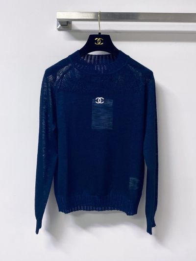 Chanel Long Sleeve Openwork Knit Top in Navy and White