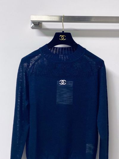 Chanel Long Sleeve Openwork Knit Top in Navy and White
