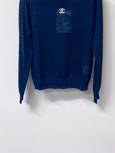 Chanel Long Sleeve Openwork Knit Top in Navy and White