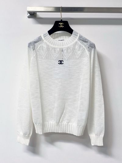 Chanel Long Sleeve Openwork Knit Top in White