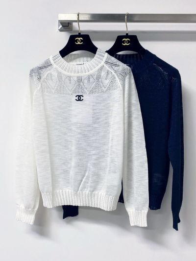Chanel Long Sleeve Openwork Knit Top in White