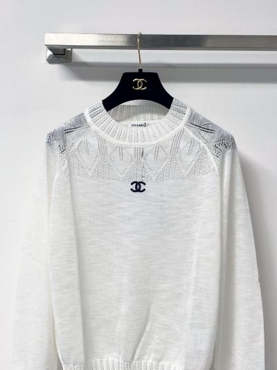 Chanel Long Sleeve Openwork Knit Top in White