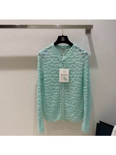 Chanel Openwork Button-Front Cardigan in Mint Green