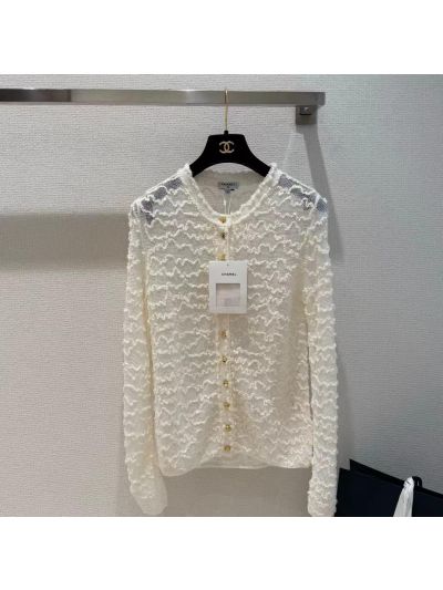 Chanel Openwork Button-Front Cardigan in Mint Green