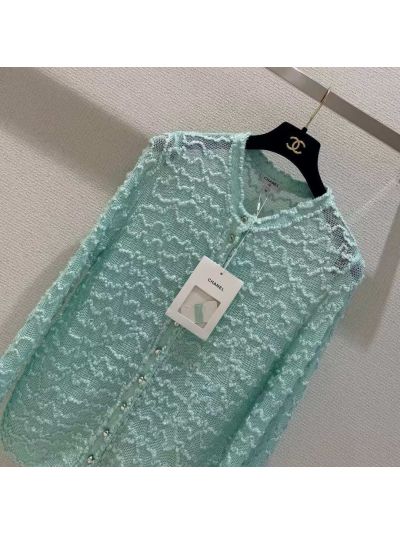 Chanel Openwork Button-Front Cardigan in Mint Green
