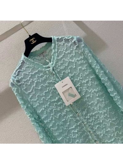 Chanel Openwork Button-Front Cardigan in Mint Green