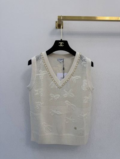 Chanel Openwork V-Neck Knit Top in White