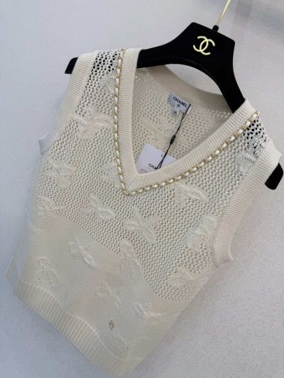 Chanel Openwork V-Neck Knit Top in White