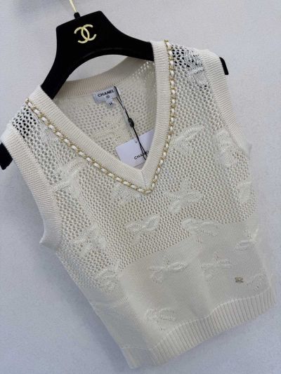 Chanel Openwork V-Neck Knit Top in White