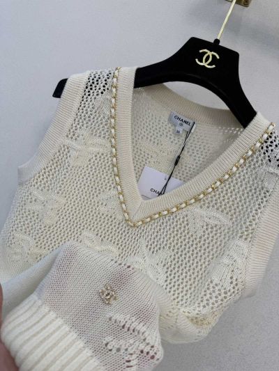 Chanel Openwork V-Neck Knit Top in White