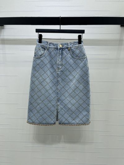 Chanel Plaid Denim Skirt in Light Blue