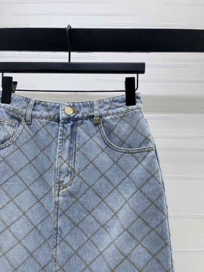 Chanel Plaid Denim Skirt in Light Blue
