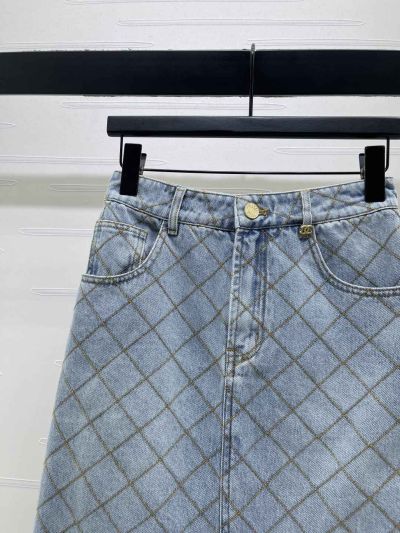 Chanel Plaid Denim Skirt in Light Blue