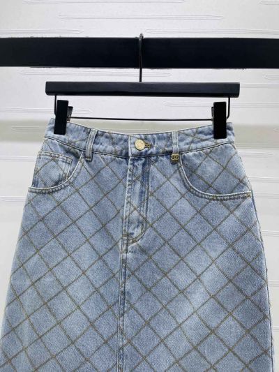 Chanel Plaid Denim Skirt in Light Blue