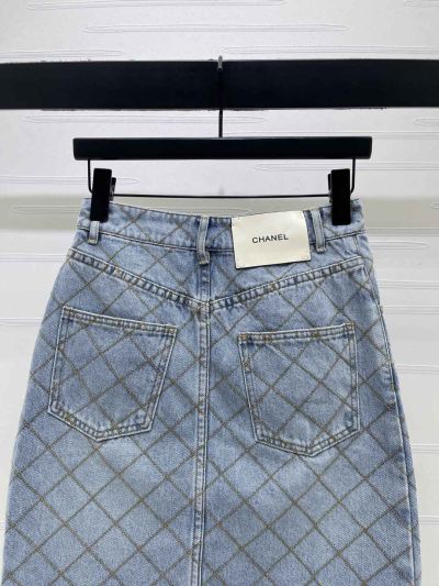 Chanel Plaid Denim Skirt in Light Blue