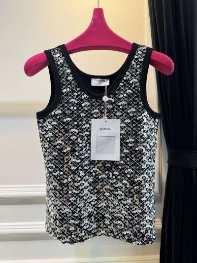Chanel Plaid Sequin Top in Black