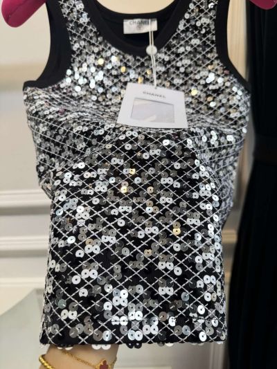 Chanel Plaid Sequin Top in Black