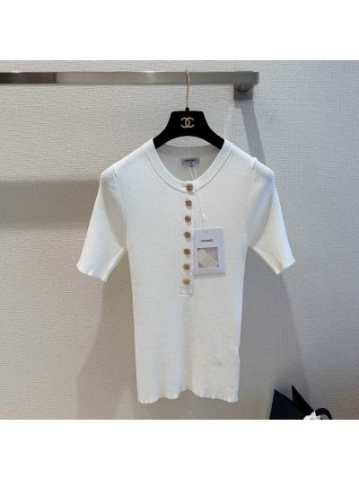 Chanel Short Sleeve Button-Front Knit Top in White