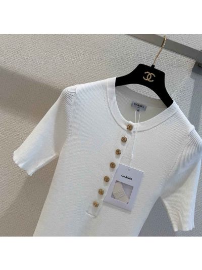 Chanel Short Sleeve Button-Front Knit Top in White