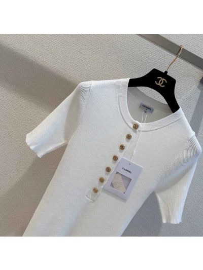 Chanel Short Sleeve Button-Front Knit Top in White
