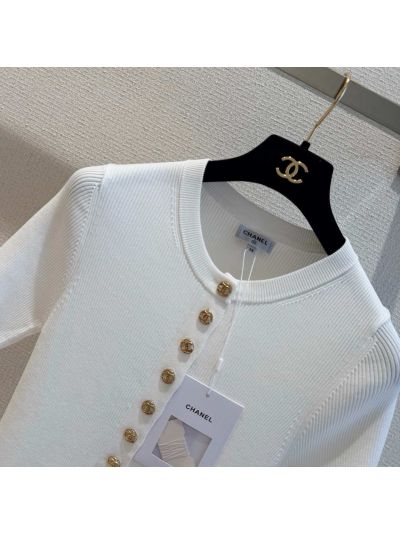 Chanel Short Sleeve Button-Front Knit Top in White
