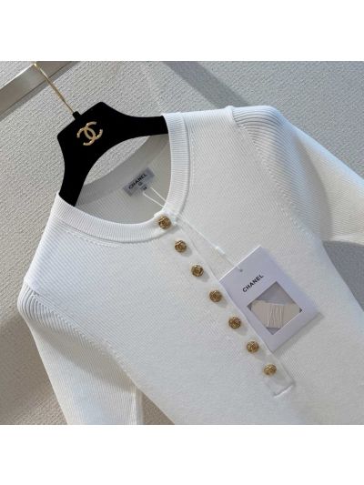 Chanel Short Sleeve Button-Front Knit Top in White